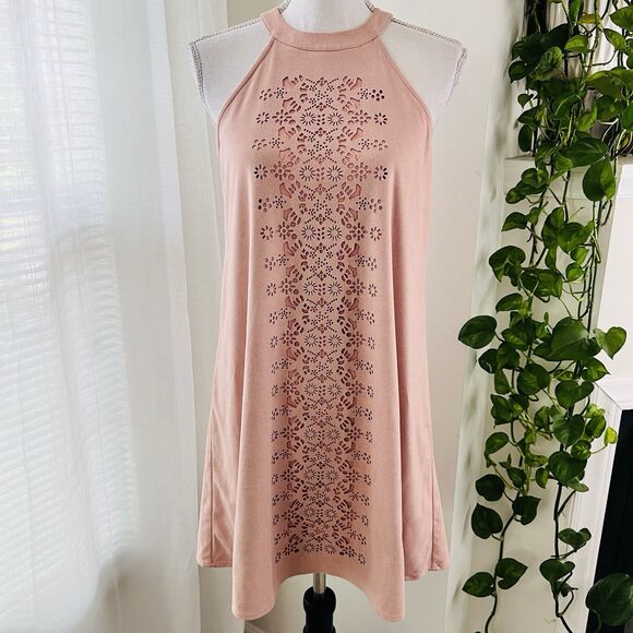 Altar'd State Champagne Pink Faux Suede Laser Cut Boho Super Soft Dress - Small - Picture 1 of 8